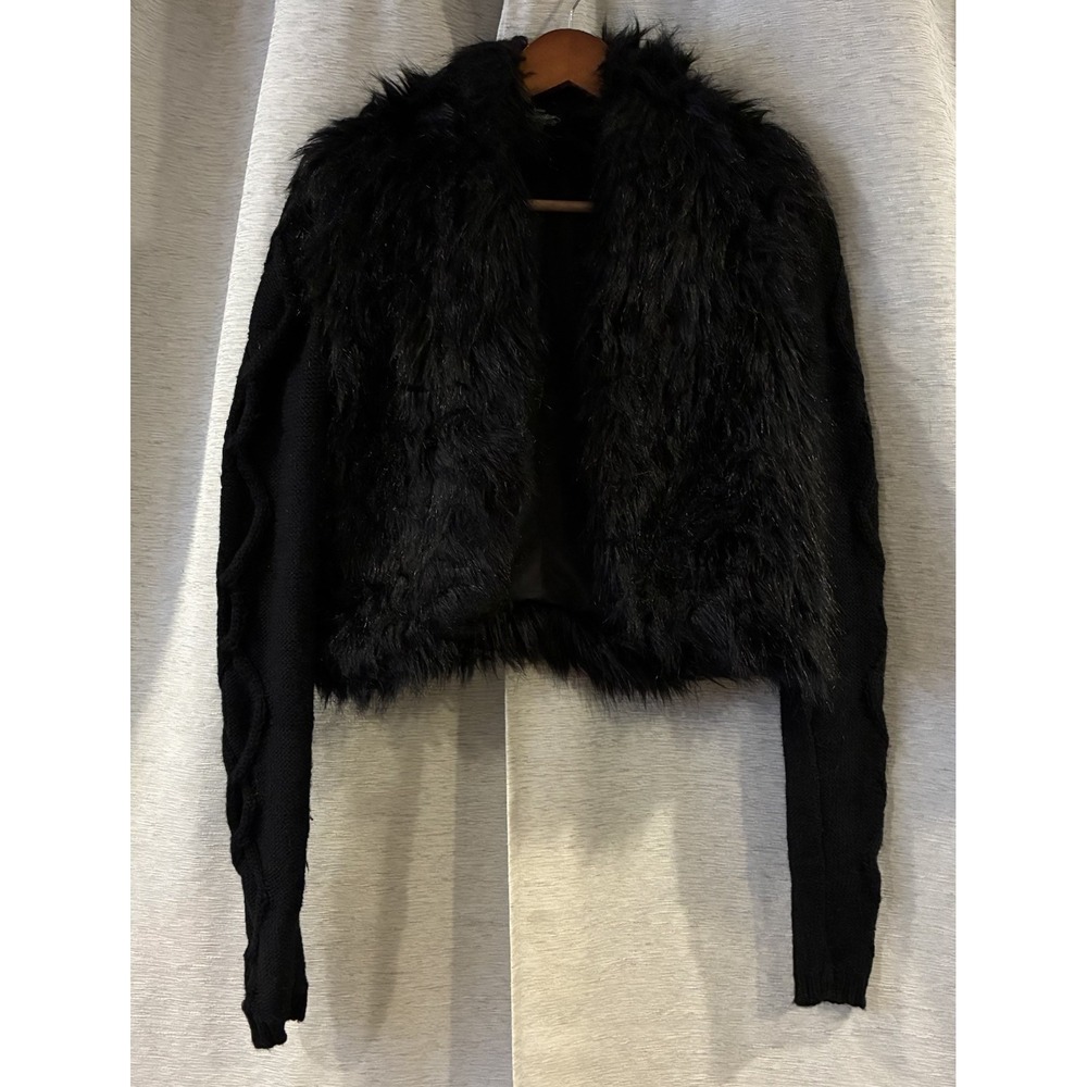 Y2K Bebe Faux Fur Womans Small Crop Cardigan Black Festival Mob Boss Rave
